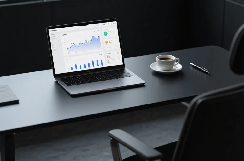 An elegant dark office desk with an open laptop displaying financial charts, next to a cup of espresso and a modern pen, emphasizing a calm and analytical atmosphere.
